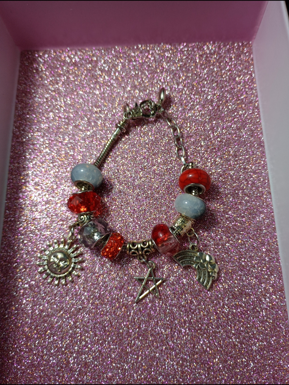 Pandora Style Silver Charm Bracelet with Red and Gray Beads